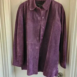 Vintage Purple Suede Leather Button Front Shirt Jacket Shacket Boho Western Moto